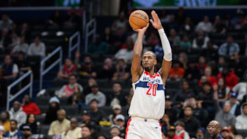 Nov 27, 2024; Washington, District of Columbia, USA; Washington Wizards forward Alexandre Sarr (20) attempts a jump shot during the second quarter against the LA Clippers at Capital One Arena. Mandatory Credit: Reggie Hildred-Imagn Images
