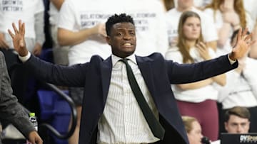 Nov 8, 2024; Milwaukee, Wisconsin, USA;  George Mason Patriots head coach Tony Skinn signals to his players during the first half against the Marquette Golden Eagles at Al McGuire Center. Mandatory Credit: Jeff Hanisch-Imagn Images