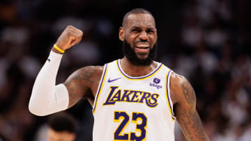 Apr 20, 2024; Denver, Colorado, USA; Los Angeles Lakers forward LeBron James (23) reacts during the third quarter against the Denver Nuggets in game one of the first round for the 2024 NBA playoffs at Ball Arena. Mandatory Credit: Andrew Wevers-USA TODAY Sports