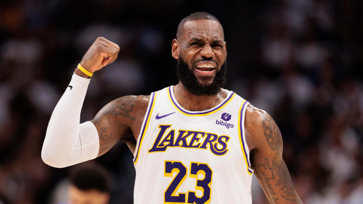 Apr 20, 2024; Denver, Colorado, USA; Los Angeles Lakers forward LeBron James (23) reacts during the third quarter against the Denver Nuggets in game one of the first round for the 2024 NBA playoffs at Ball Arena. Mandatory Credit: Andrew Wevers-USA TODAY Sports