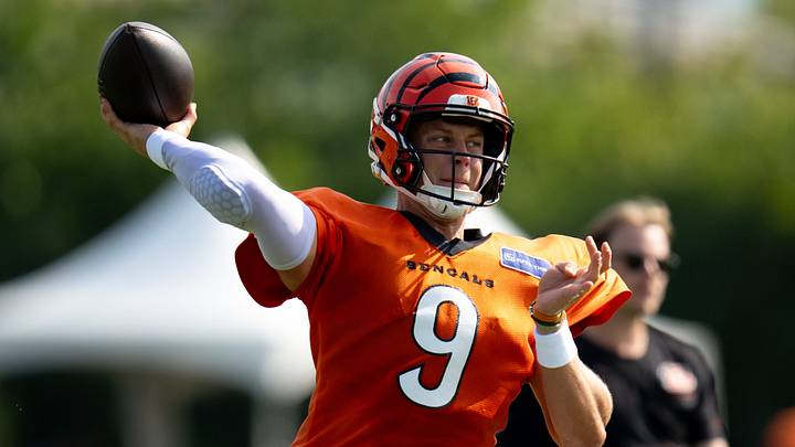Cincinnati Bengals quarterback Joe Burrow (9) throws a pass during Bengals practice at the Kettering Practice Fields in Cincinnati, Ohio, on Thursday, August 6, 2026.