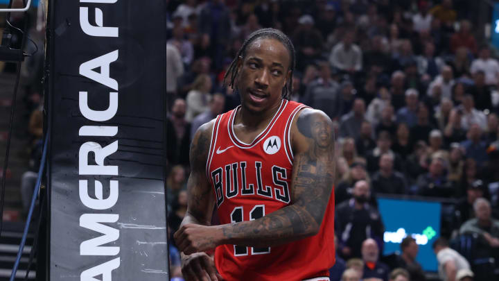 Mar 6, 2024; Salt Lake City, Utah, USA; Chicago Bulls forward DeMar DeRozan (11) reacts to a foul by the Utah Jazz during the fourth quarter at Delta Center. Mandatory Credit: Rob Gray-USA TODAY Sports