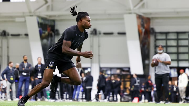 Apr 4, 2025; Boulder, CO, USA; Colorado Buffaloes wide receiver Travis Hunter (12) runs drills at the University of Colorado NFL Showcase at the CU Indoor Practice Facility. Mandatory Credit: Michael Ciaglo-Imagn Images
