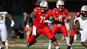 Oct 19, 2024; Tucson, Arizona, USA; Arizona Wildcats offensive lineman Jonah Savaiinaea (71) against the Colorado Buffalos at Arizona Stadium. Mandatory Credit: Mark J. Rebilas-Imagn Images