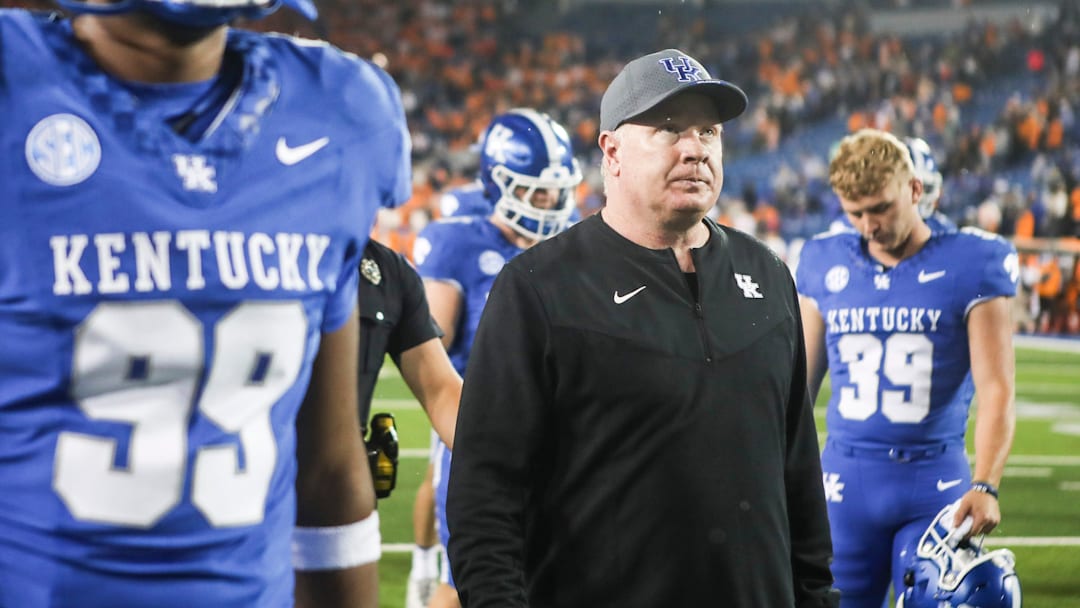Kentucky head coach Mark Stoops walks off the field after the Cats fall to Tennessee 33-27 Saturday night in Lexington. Kentucky is now 5-3 for the season. Oct. 28, 2023.