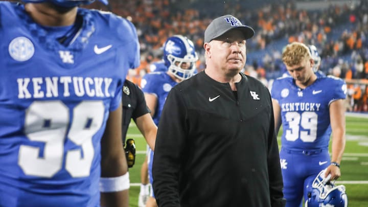 Kentucky head coach Mark Stoops walks off the field after the Cats fall to Tennessee 33-27 Saturday night in Lexington. Kentucky is now 5-3 for the season. Oct. 28, 2023.