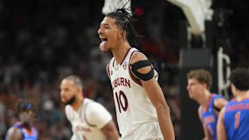 Apr 5, 2025; San Antonio, TX, USA; Auburn Tigers guard Chad Baker-Mazara (10) reacts after making a basket against the Florida Gators in the semifinals of the men's Final Four of the 2025 NCAA Tournament at the Alamodome. Mandatory Credit: Robert Deutsch-Imagn Images