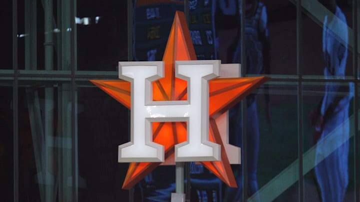 Oct 22, 2019; Houston, TX, USA; The Houston Astros logo is seen during the third inning of game one of the 2019 World Series against the Washington Nationals at Minute Maid Park. Oct 22, 2019; Houston, TX, USA; The Houston Astros logo is seen during the third inning of game one of the 2019 World Series against the Washington Nationals at Minute Maid Park.