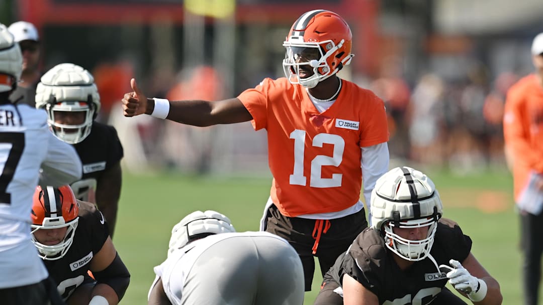Jul 26, 2025; Berea, OH, USA; Cleveland Browns quarterback Shedeur Sanders (12) runs the offense during training camp at CrossCountry Mortgage Campus. Mandatory Credit: Ken Blaze-Imagn Images
