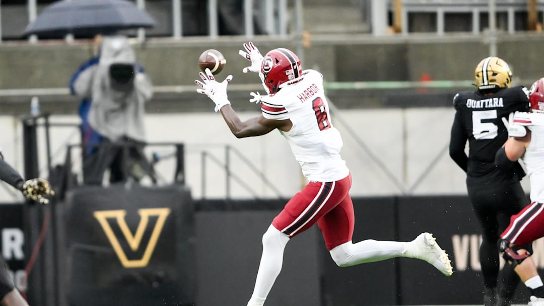 Nov 9, 2024; Nashville, Tennessee, USA;  South Carolina Gamecocks wide receiver Nyck Harbor (8) makes a catch against the Vanderbilt Commodores during the first half at FirstBank Stadium. Mandatory Credit: Steve Roberts-Imagn Images