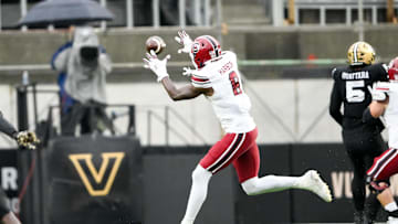 Nov 9, 2024; Nashville, Tennessee, USA;  South Carolina Gamecocks wide receiver Nyck Harbor (8) makes a catch against the Vanderbilt Commodores during the first half at FirstBank Stadium. Mandatory Credit: Steve Roberts-Imagn Images