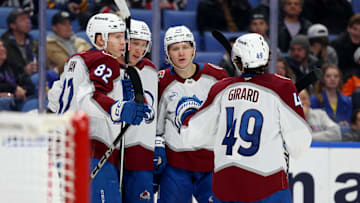 Dec 3, 2024; Buffalo, New York, USA;  Colorado Avalanche right wing Logan O'Connor (25) celebrates his goal with teammates during the third period against the Buffalo Sabres at KeyBank Center. Mandatory Credit: Timothy T. Ludwig-Imagn Images