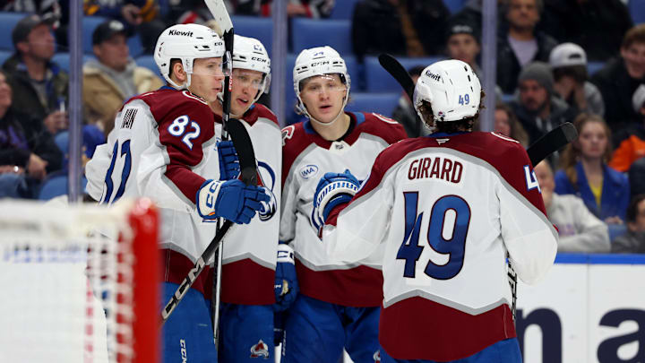 Dec 3, 2024; Buffalo, New York, USA;  Colorado Avalanche right wing Logan O'Connor (25) celebrates his goal with teammates during the third period against the Buffalo Sabres at KeyBank Center. Mandatory Credit: Timothy T. Ludwig-Imagn Images