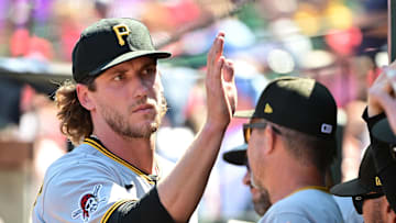 Aug 28, 2025; St. Louis, Missouri, USA; Pittsburgh Pirates pitcher Braxton Ashcraft (67) gets high-fives from teammates in the dugout after he pitched against the St. Louis Cardinals at Busch Stadium. Mandatory Credit: Tim Vizer-Imagn Images