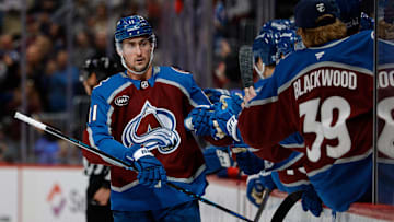 Nov 20, 2025; Denver, Colorado, USA; Colorado Avalanche center Brock Nelson (11) celebrates with the bench after his goal in the third period against the New York Rangers at Ball Arena. Mandatory Credit: Isaiah J. Downing-Imagn Images