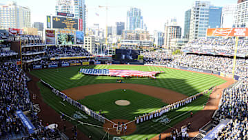 Mar 30, 2014; San Diego, CA, USA; A general view of Petco Park during the national anthem on the opening day baseball game between the Los Angeles Dodgers and the San Diego Padres. Mandatory Credit: Christopher Hanewinckel-Imagn Images