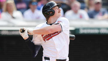 Jun 1, 2024; Cleveland, Ohio, USA; Cleveland Guardians designated hitter Kyle Manzardo (9) hits an RBI single during the first inning against the Washington Nationals at Progressive Field. Mandatory Credit: Ken Blaze-USA TODAY Sports