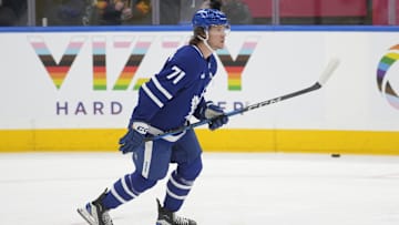 Nov 20, 2024; Toronto, Ontario, CAN; Toronto Maple Leafs forward Nikita Grebenkin (71) skates during warm ups before a game against the Vegas Golden Knights at Scotiabank Arena. Mandatory Credit: John E. Sokolowski-Imagn Images
