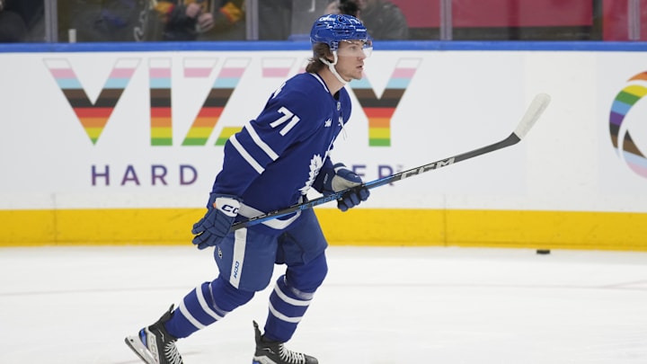 Nov 20, 2024; Toronto, Ontario, CAN; Toronto Maple Leafs forward Nikita Grebenkin (71) skates during warm ups before a game against the Vegas Golden Knights at Scotiabank Arena. Mandatory Credit: John E. Sokolowski-Imagn Images