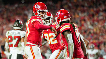 Nov 4, 2024; Kansas City, Missouri, USA; Kansas City Chiefs quarterback Patrick Mahomes (15) celebrates with wide receiver DeAndre Hopkins (8) after scoring a touchdown during the first half against the Tampa Bay Buccaneers at GEHA Field at Arrowhead Stadium. Mandatory Credit: Jay Biggerstaff-Imagn Images