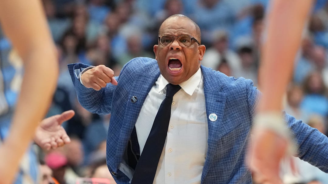Feb 28, 2026; Chapel Hill, North Carolina, USA; North Carolina Tar Heels head coach Hubert Davis reacts in the second half at Dean E. Smith Center. Mandatory Credit: Bob Donnan-Imagn Images