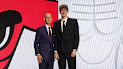 Jun 26, 2024; Brooklyn, NY, USA; Matas Buzelis poses for photos with NBA commissioner Adam Silver after being selected in the first round by the Chicago Bulls in the 2024 NBA Draft at Barclays Center. Mandatory Credit: Brad Penner-Imagn Images