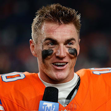 Nov 6, 2025; Denver, Colorado, USA; Denver Broncos quarterback Bo Nix (10) after the game against the Las Vegas Raiders at Empower Field at Mile High. Mandatory Credit: Isaiah J. Downing-Imagn Images