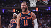 May 8, 2024; New York, New York, USA; New York Knicks guard Jalen Brunson (11) celebrates in the fourth quarter  after scoring against the Indiana Pacers during game two of the second round for the 2024 NBA playoffs at Madison Square Garden. Mandatory Credit: Wendell Cruz-Imagn Images