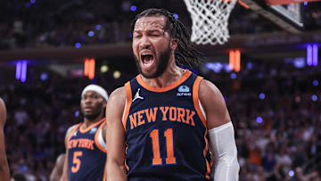 May 8, 2024; New York, New York, USA; New York Knicks guard Jalen Brunson (11) celebrates in the fourth quarter  after scoring against the Indiana Pacers during game two of the second round for the 2024 NBA playoffs at Madison Square Garden. Mandatory Credit: Wendell Cruz-Imagn Images