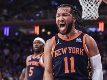 May 8, 2024; New York, New York, USA; New York Knicks guard Jalen Brunson (11) celebrates in the fourth quarter  after scoring against the Indiana Pacers during game two of the second round for the 2024 NBA playoffs at Madison Square Garden. Mandatory Credit: Wendell Cruz-Imagn Images