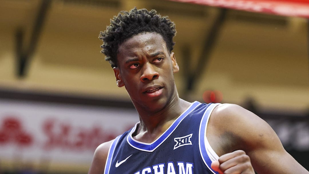 Nov 27, 2025; Kissimmee, Florida, USA; Brigham Young University Cougars forward AJ Dybantsa (3) reacts after a foul against the Miami (FL) Hurricanes in the second half  at State Farm Field House. Mandatory Credit: Nathan Ray Seebeck-Imagn Images