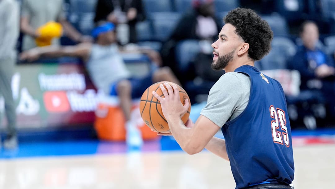 Oklahoma City guard Ajay Mitchell (25) shoots during an NBA Finals practice session ahead of Game 2 at Paycom Center Oklahoma City, on Saturday, June 7, 2025.
