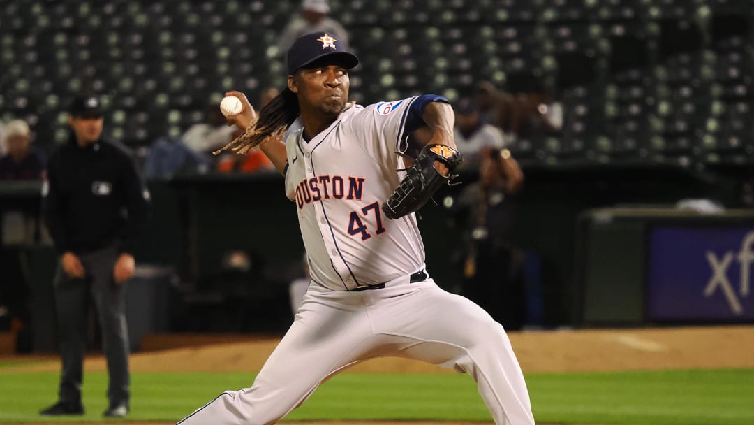 Jul 22, 2024; Oakland, California, USA; Houston Astros relief pitcher Rafael Montero (47) pitches the ball against the Oakland Athletics during the eighth inning at Oakland-Alameda County Coliseum. Mandatory Credit: Kelley L Cox-USA TODAY Sports