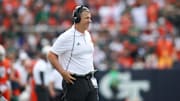 Nov 9, 2024; Atlanta, Georgia, USA; Miami Hurricanes head coach Mario Cristobal on the sideline against the Georgia Tech Yellow Jackets in the second quarter at Bobby Dodd Stadium at Hyundai Field. 