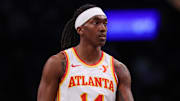 Mar 16, 2025; Brooklyn, New York, USA; Atlanta Hawks guard Terance Mann (14) looks on during the first half against the Brooklyn Nets at Barclays Center. Mandatory Credit: Vincent Carchietta-Imagn Images