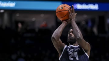 Jan 19, 2024; Cincinnati, Ohio, USA; Georgetown Hoyas forward Supreme Cook (24) shoots a free throw against the Xavier Musketeers in the second half at Cintas Center. Mandatory Credit: Katie Stratman-USA TODAY Sports