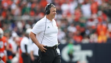 Nov 9, 2024; Atlanta, Georgia, USA; Miami Hurricanes head coach Mario Cristobal on the sideline against the Georgia Tech Yellow Jackets in the second quarter at Bobby Dodd Stadium at Hyundai Field. Mandatory Credit: Brett Davis-Imagn Images