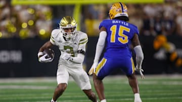 Nov 22, 2025; Atlanta, Georgia, USA; Georgia Tech Yellow Jackets wide receiver Eric Rivers (3) runs after a catch against the Pittsburgh Panthers in the third quarter at Bobby Dodd Stadium at Hyundai Field. Mandatory Credit: Brett Davis-Imagn Images
