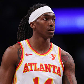Mar 16, 2025; Brooklyn, New York, USA; Atlanta Hawks guard Terance Mann (14) looks on during the first half against the Brooklyn Nets at Barclays Center. Mandatory Credit: Vincent Carchietta-Imagn Images