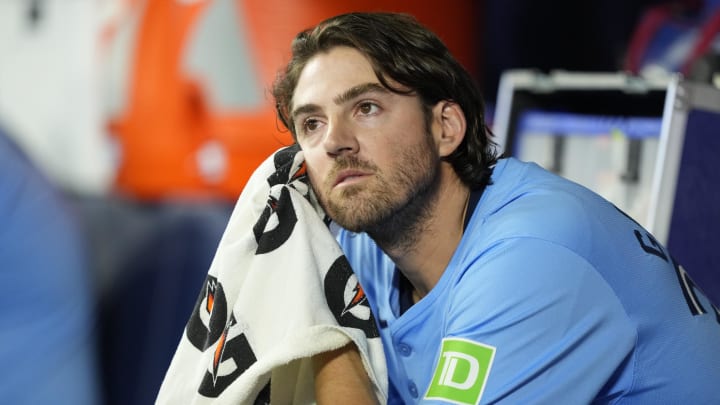 Apr 28, 2024; Toronto, Ontario, CAN; Toronto Blue Jays starting pitcher Kevin Gausman (34) watches the action during the Jays at bat against the Los Angeles Dodgers during the second inning at Rogers Centre.