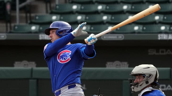 Feb 11, 2026; Mesa, AZ, USA; Chicago Cubs Alex Bregman (3) hits live batting practice during spring training camp at Sloan Park. Mandatory Credit: Rick Scuteri-Imagn Images