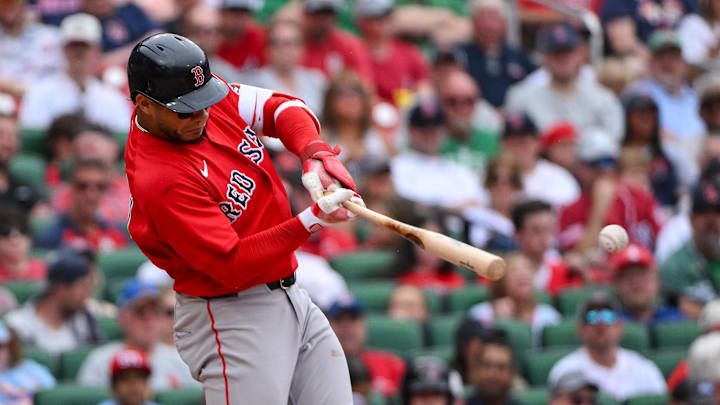 Apr 12, 2026; St. Louis, Missouri, USA; Boston Red Sox first baseman Willson Contreras (40) hits a single against the St. Louis Cardinals during the third inning at Busch Stadium. Mandatory Credit: Jeff Curry-Imagn Images