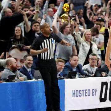 Mar 23, 2024; Pittsburgh, PA, USA; Oakland Golden Grizzlies guard Jack Gohlke (3) celebrates after making a three pointer during the second half of the game against the North Carolina State Wolfpack in the second round of the 2024 NCAA Tournament at PPG Paints Arena. Mandatory Credit: Charles LeClaire-USA TODAY Sports