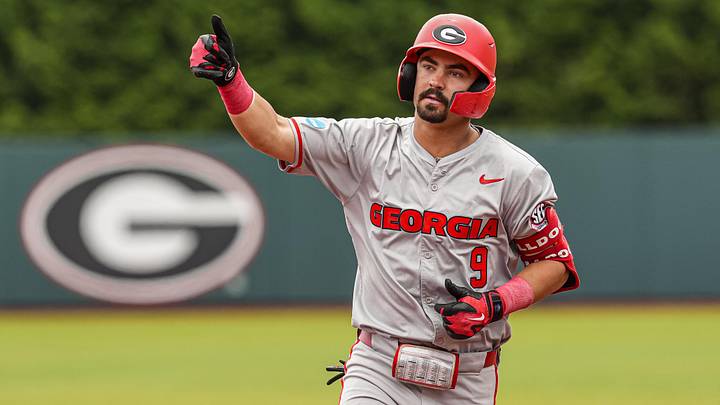 Jun 7, 2026; Athens, GA, USA; Georgia Bulldogs infielder Kolby Branch (9) reacts after  hitting a home run against the Mississippi State Bulldogs at Foley Field. Mandatory Credit: Dale Zanine-Imagn Images