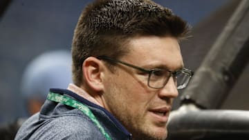 Oct 6, 2021; Tampa, Florida, USA; Tampa Bay Rays president Erik Neander during the ALDS workout day against the Boston Red Sox at Tropicana Field. 