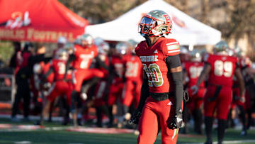 Nov 23, 2024; Oradell, New Jersey, United States; St. Joseph at Bergen Catholic in a Non-Public A football semifinal. BC #20 Xavier Jackson celebrates after St. Joseph missed a field goal in OT.