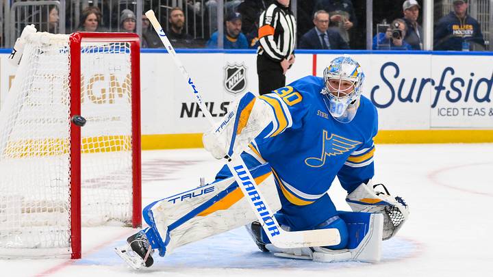 Jan 24, 2026; St. Louis, Missouri, USA; St. Louis Blues goaltender Joel Hofer (30) defends the net against the Los Angeles Kings during the first period at Enterprise Center. Mandatory Credit: Jeff Curry-Imagn Images