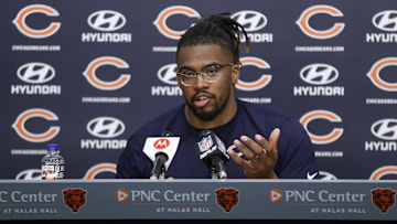 May 7, 2022; Lake Forest, IL, USA; Chicago Bears offensive tackle Braxton Jones speaks at a news conference during team's rookie minicamp at Halas Hall. Mandatory Credit: Kamil Krzaczynski-Imagn Images