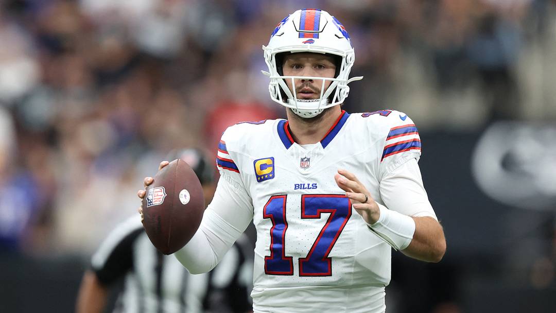 Oct 18, 2026; Paradise, Nevada, USA;  Buffalo Bills quarterback Josh Allen (17) looks to throw in the first quarter against the Las Vegas Raiders at Allegiant Stadium.  Mandatory Credit: Christopher Trim-Imagn Images