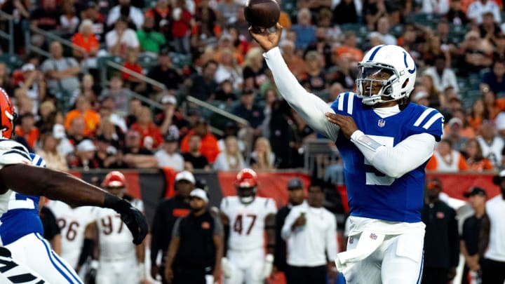 Indianapolis Colts quarterback Anthony Richardson (5) throws a pass in the first quarter at Paycor Stadium in Cincinnati on Thursday, Aug. 22, 2024.